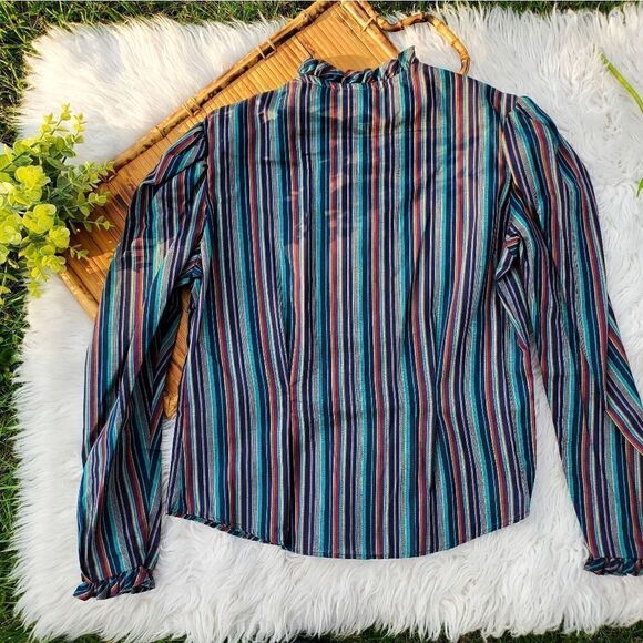 Vtg Ruffle Detail TRY 1 Striped Multicolored Secretary Style Shirt. Sz S Fit - Picture 2 of 12